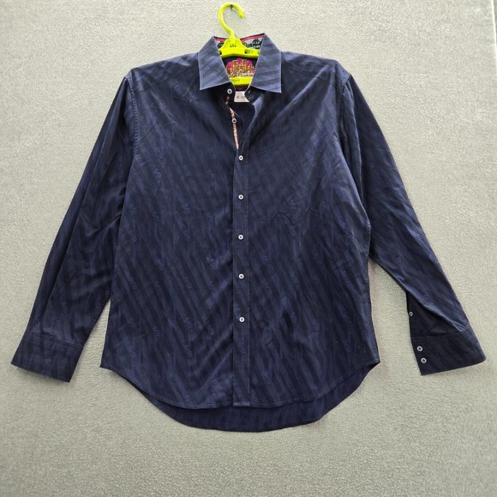Robert Graham Men Button Up Shirt Large Blue Striped Logo RG Textured Collar